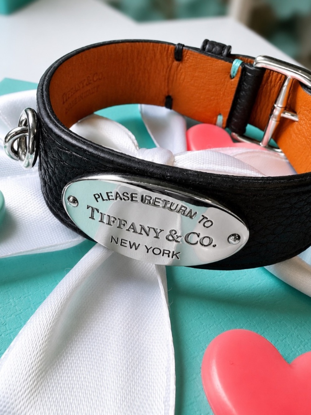 Return To Tiffany & Co WIDE BLACK Leather Bracelet, S/M, Silver